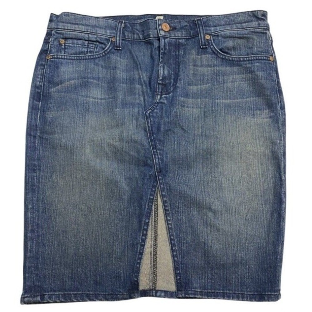 7 For All Mankind Denim Mini Skirt Cotton Stretch‎ 30" Waist Medium Leg Peep
